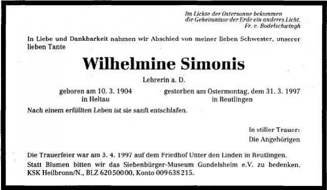 Simonis Wilhelmine 1904-1997 Todesanzeige